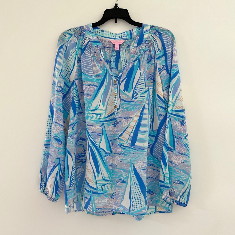 Lilly Pulitzer Elsa Silk Top Small Blue Sailboat Print Blouse Preppy Coastal